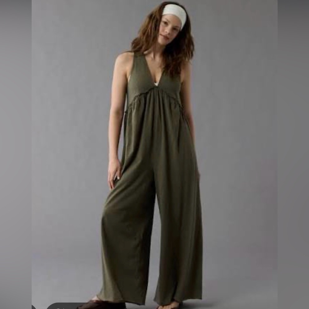AE sunchaser v neck wide leg olive green jumpsuit free people movement style